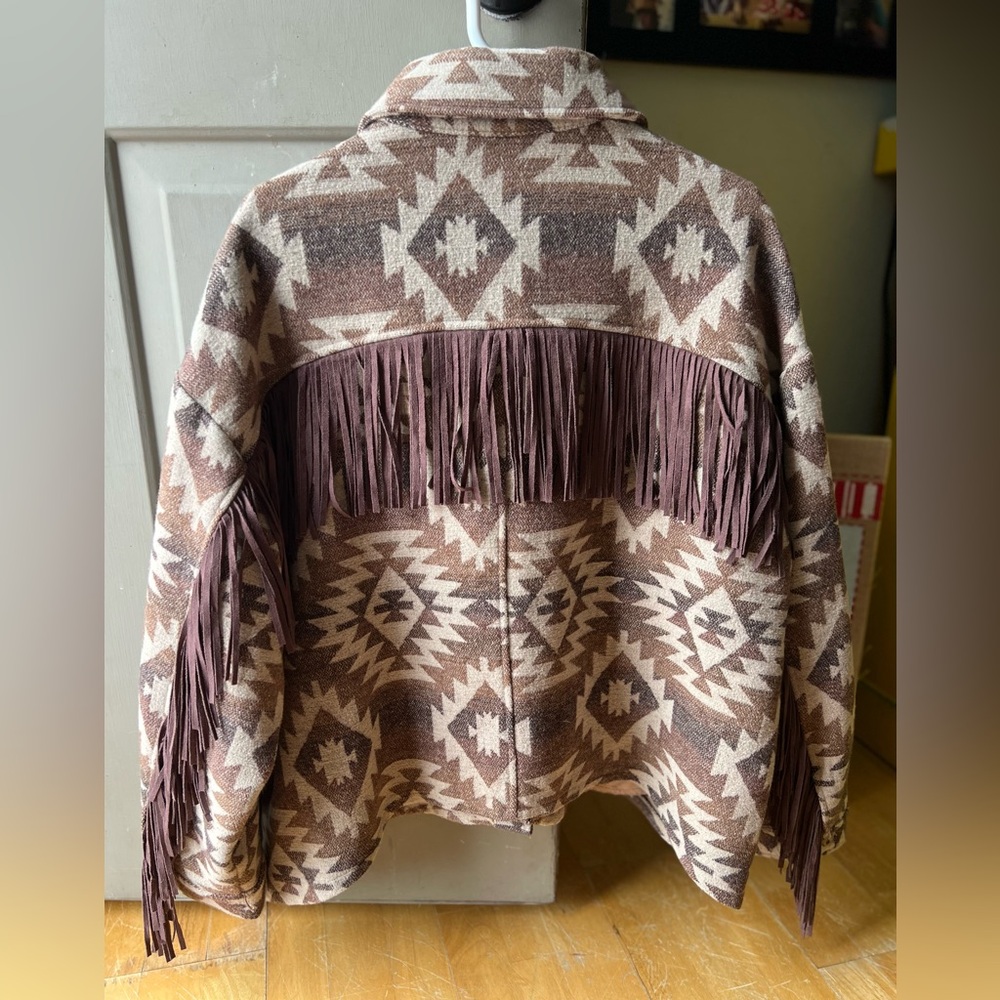 Vocal (Made In USA) Brown and Cream Aztec Fringe Jacket shark bite hem